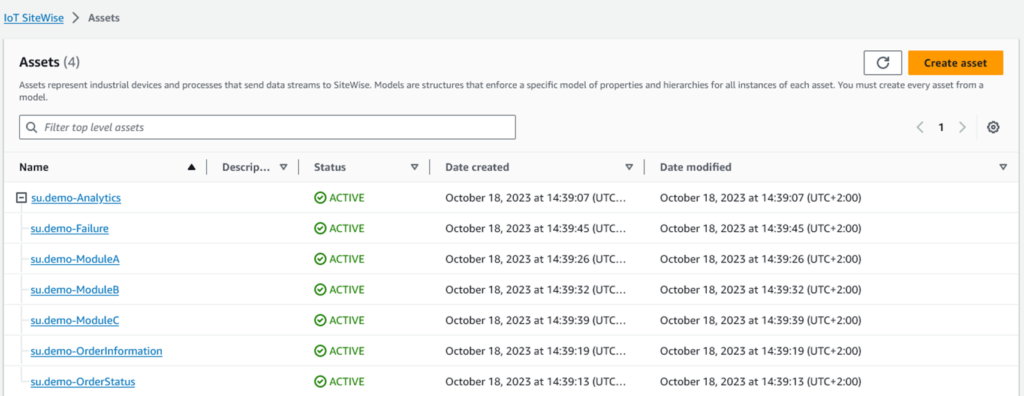 Upon successful export, we locate our Information Model within the Assets section of the AWS console, ready to retrieve the data.